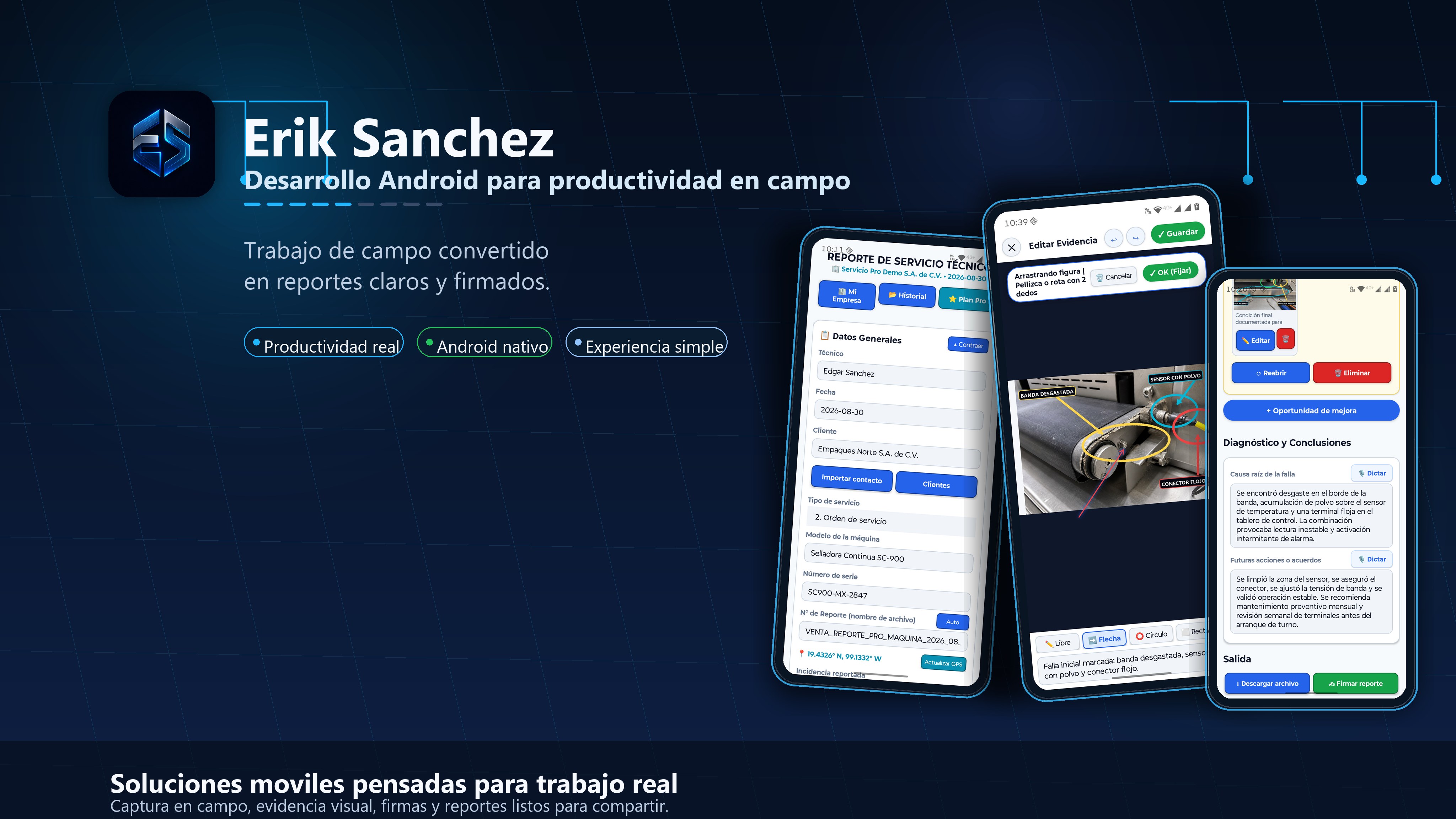 Vista profesional de Reporte Servicio Pro en telefonos Android